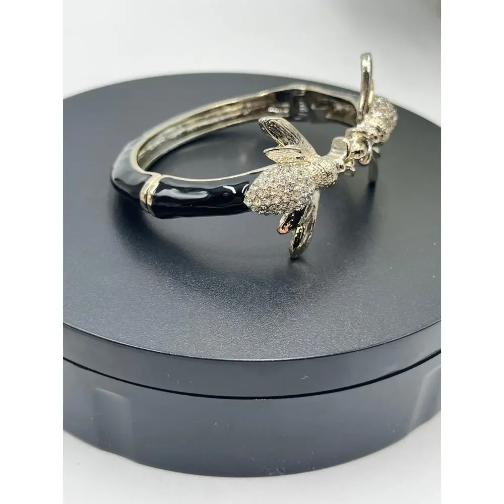 Rhinestone‎ Pave Bumblebee Black Enamel Gold Hinged Cuff Large Vintage